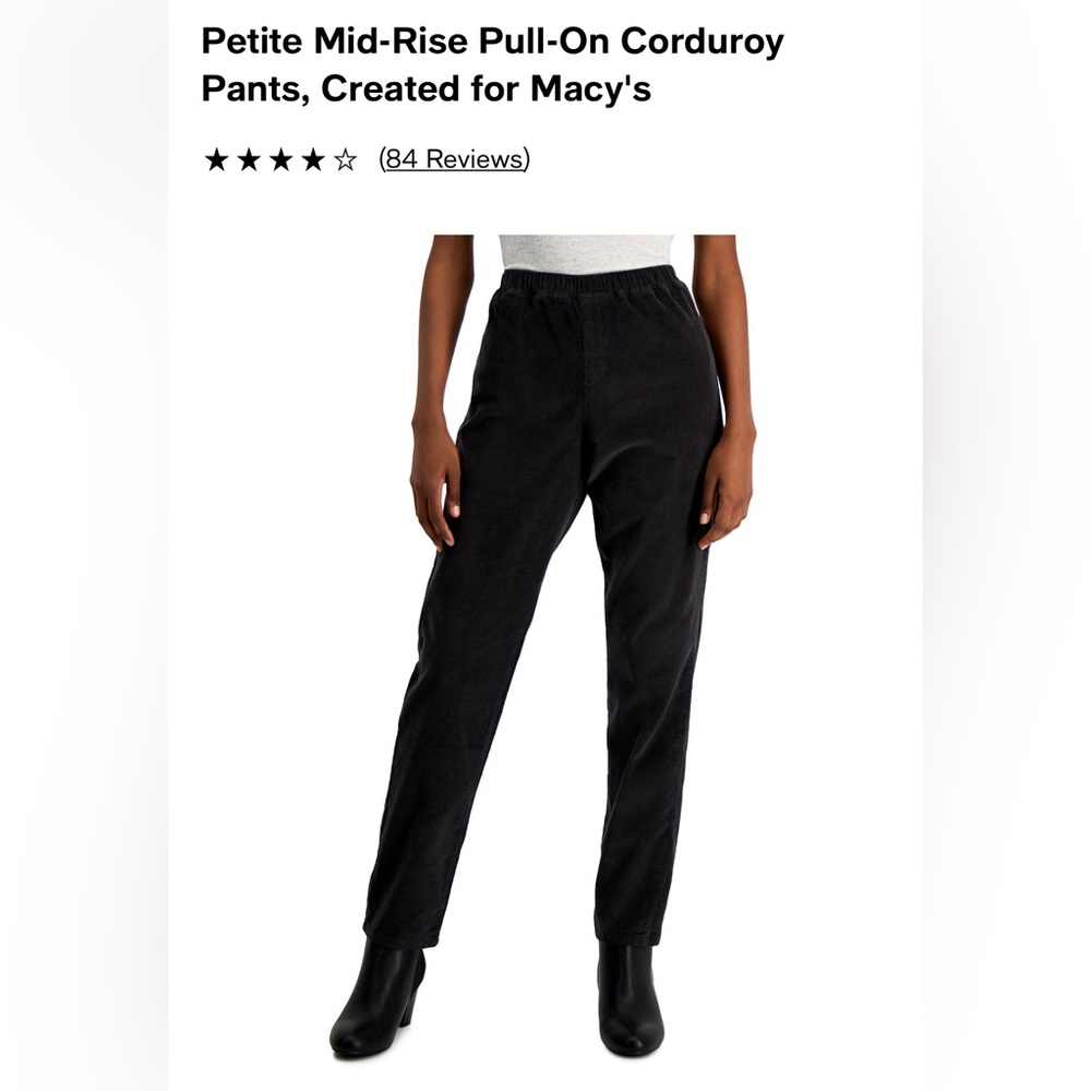 Petite size 4 mid-rise black corduroy pull on pants. NWOT